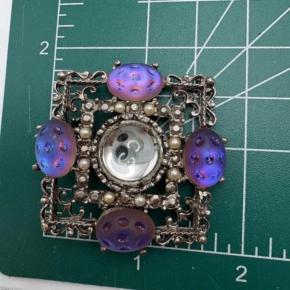 Vintage Molded Moonglow Glass Brooch AB Blue Purple Cabochon Victorian Revival